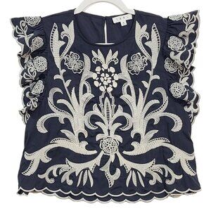 THML Embroidered Crop Flutter Top size Medium M Dark Navy Blue Cream EUC Ruffle